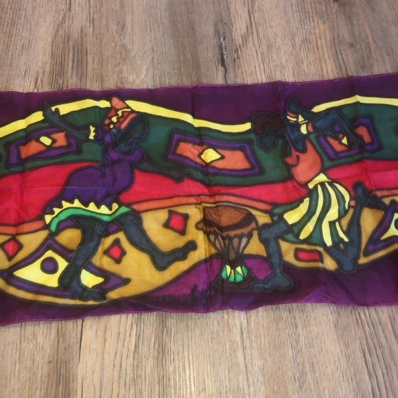 100% Silk Jamaican Dancing Scene Multicolour Hand Painted Scarf 57” x 10.5” Nwt - Picture 3 of 9